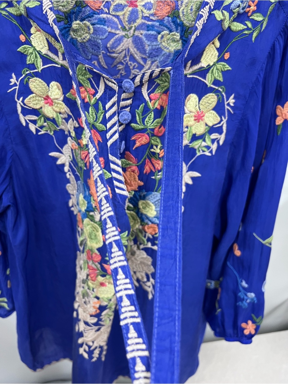 Johnny Was vibrant Blue Embroidered intricate bird floral V-Neck Tunic XL - Picture 8 of 14